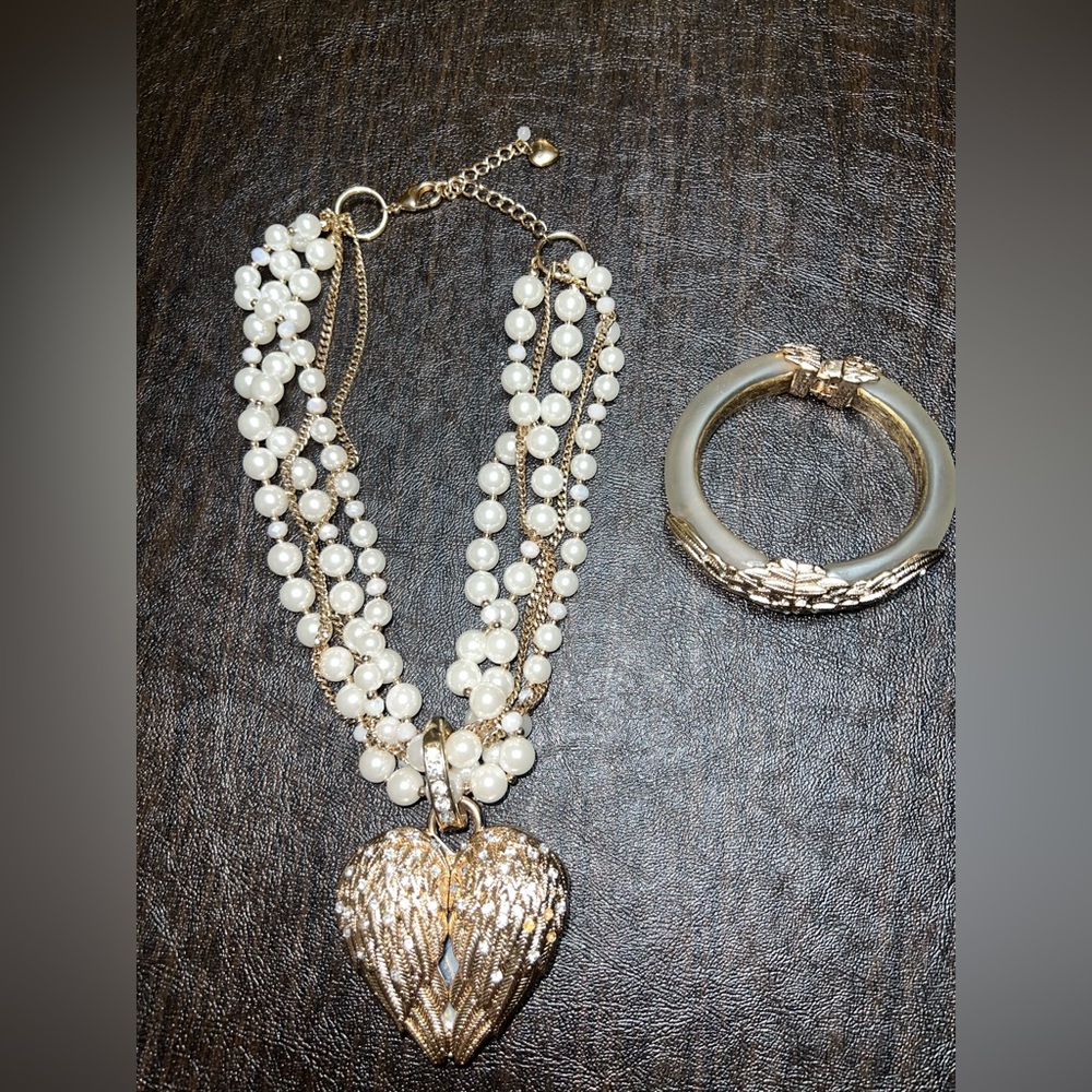 Betsey Johnson Heart Wing Statement Heart Necklace and Bracelet Set